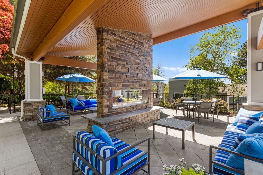 the preserve at ballantyne commons covered patio with fireplace