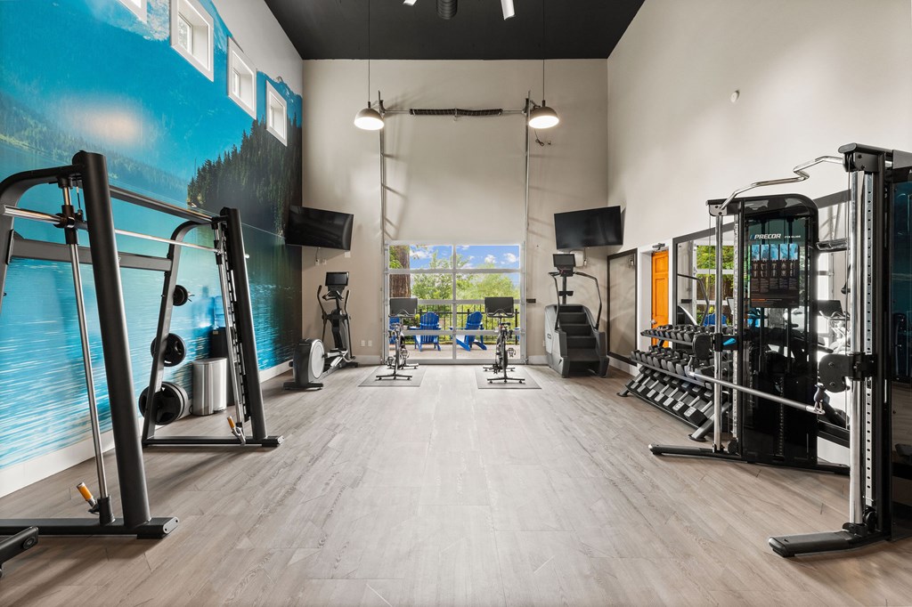 A gym with a variety of equipment including a squat rack, a bench press, and a rowing machine.