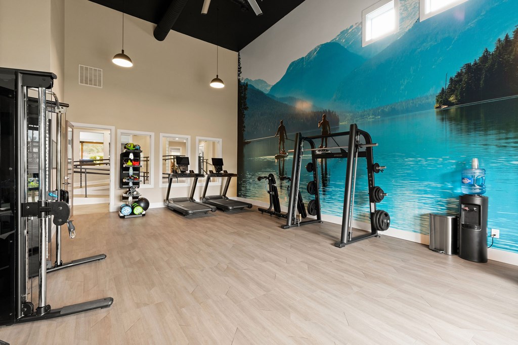 A gym with a wall mural of a lake and mountains.