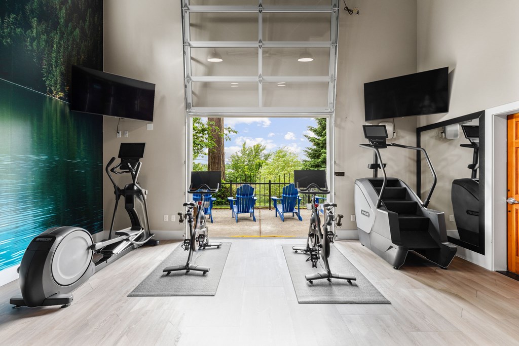 A home gym with exercise equipment and a television.