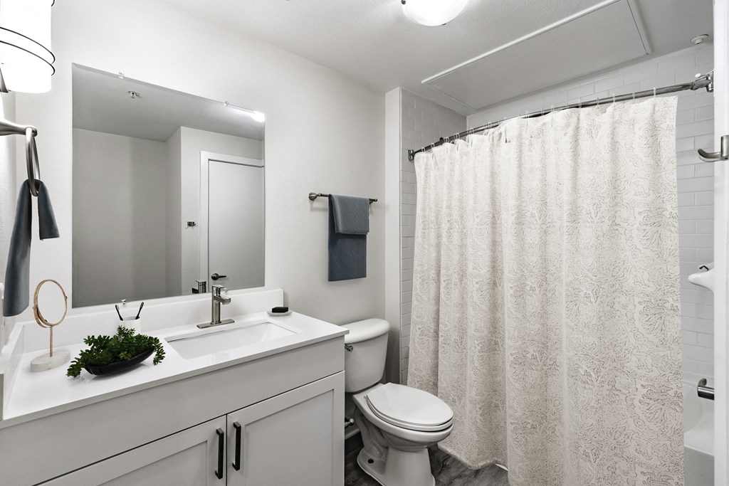 a bathroom with a white sink and toilet and a white shower curtain