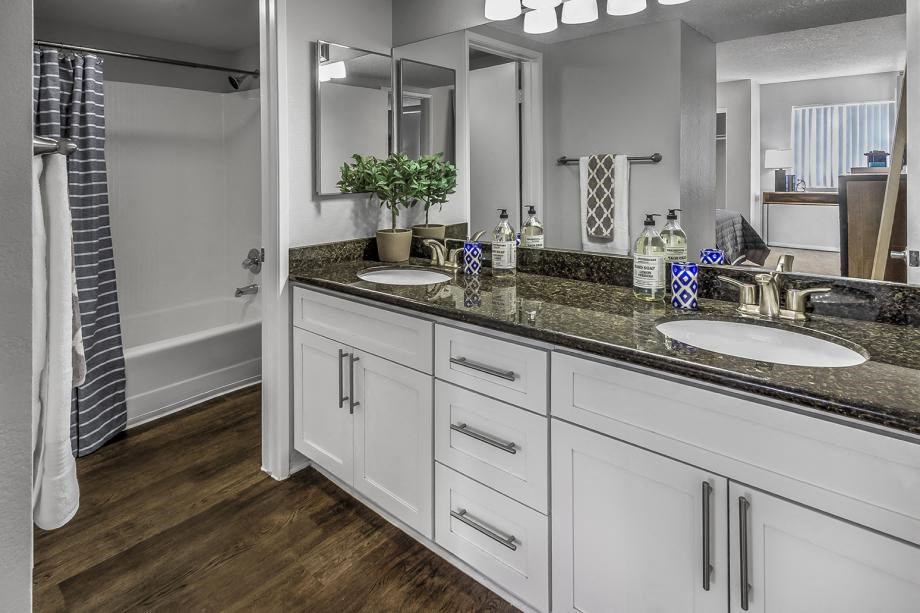 Newport Palms Apartments Model Master Bedroom Bathroom with Two Sinks