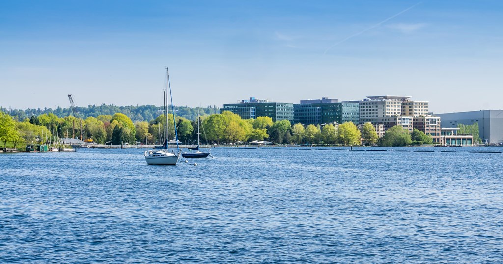 two boats in the water with a city in the background