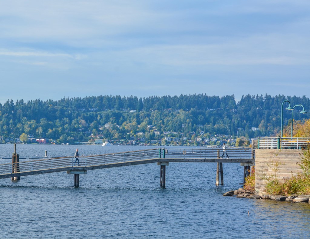 people walking on a bridge over the water at a pier