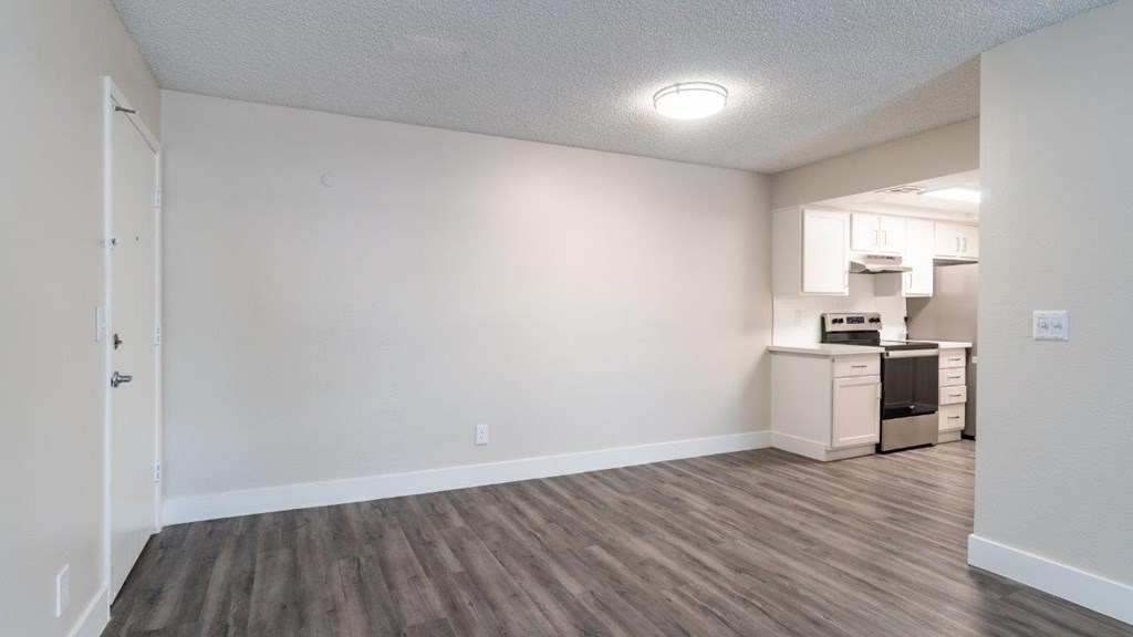 A room with a wooden floor and a white wall with a door on the left side.