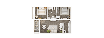 A top-down view of a room with two beds, a couch, a dining table, and various decorative items.