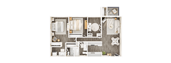 A top-down view of a room layout with a kitchen, living room, and bathroom.