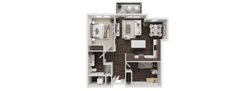 A 3D floor plan of a house showing a kitchen, living room, and two bedrooms.