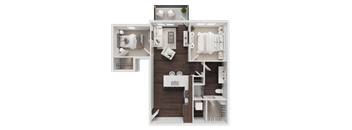 A detailed 3D floor plan of a house layout.