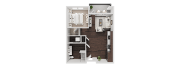 A top-down view of a small, neatly organized apartment with a kitchen, living room, and bathroom.