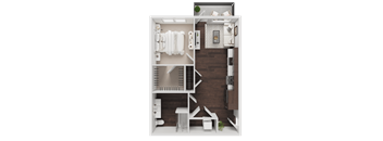 A top-down view of a small, neatly organized apartment with a kitchen, living room, and bathroom.