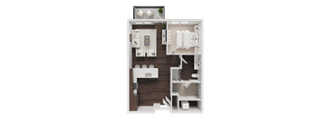 A floor plan of a small apartment with a kitchen, living room, and bathroom.