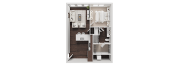 A 3D rendered image of a small, modern bathroom.