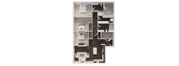 A top-down view of a house layout with a kitchen, living room, dining area, and bedrooms.