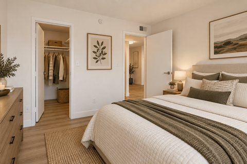 A bedroom with a large bed and a closet with clothes hanging.
