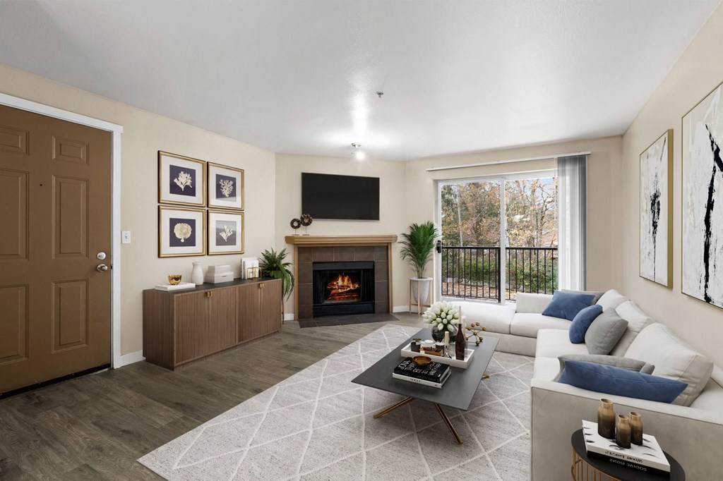 the estates at tanglewood|living room with fireplace