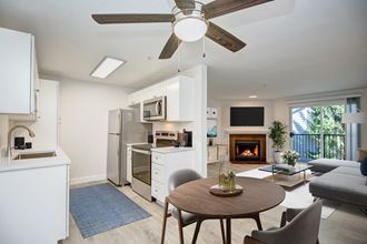 a kitchen and living room with a ceiling fan and a fire in the fireplace