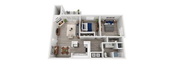 A 3D floor plan of a small apartment with a living room, kitchen, and bedroom.