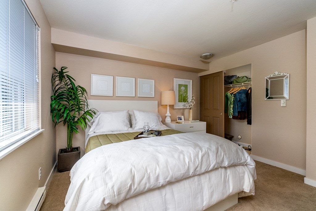 a bedroom with beige walls and a large bed with a white comforter