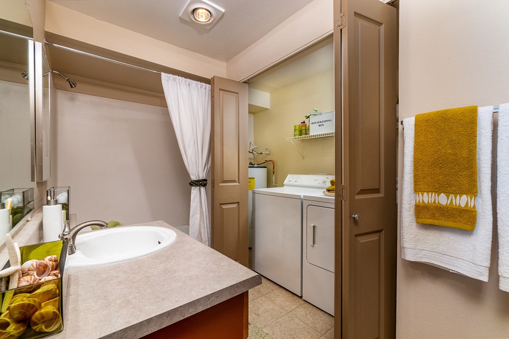 a bathroom with a sink and a washer and dryer
