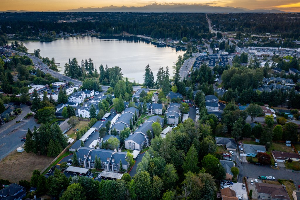 arial view of a neighborhood with a lake in the background