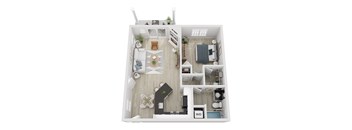 A top-down view of a small apartment with a kitchen, living room, bedroom, and bathroom.