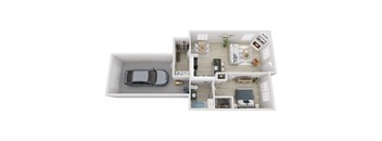 A top-down view of a modern house interior with a car parked in the driveway.