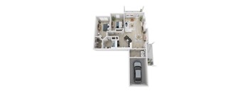 A top down view of a house with a car in the garage.