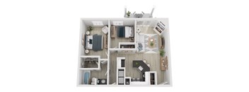 A top-down view of a small apartment with a kitchen, living room, and bathroom.
