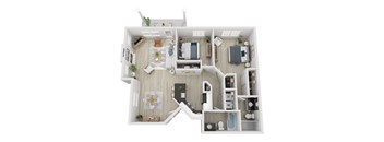 A 3D floor plan of a house with a kitchen, living room, and bathroom.