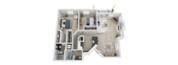 A 3D floor plan of a house with labeled rooms.