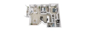 A top-down view of a house layout with a living room, kitchen, and bedrooms.