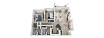 A top-down view of a small apartment layout with a kitchen, living room, and bathroom.