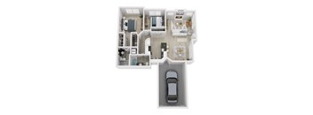 A car is parked in a garage attached to a house.