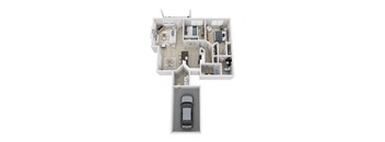 A top down view of a house with a car in the garage.