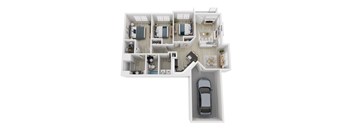 A top-down view of a house layout with a car parked in the driveway.
