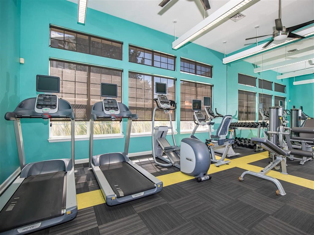 a gym with various cardio machines and weights