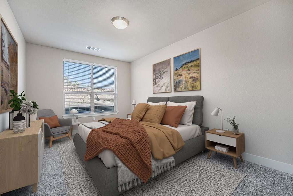 A bedroom with a large bed and a window overlooking a cityscape.