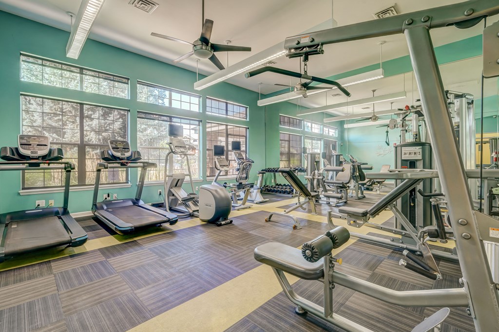 a gym with weights and cardio equipment and windows