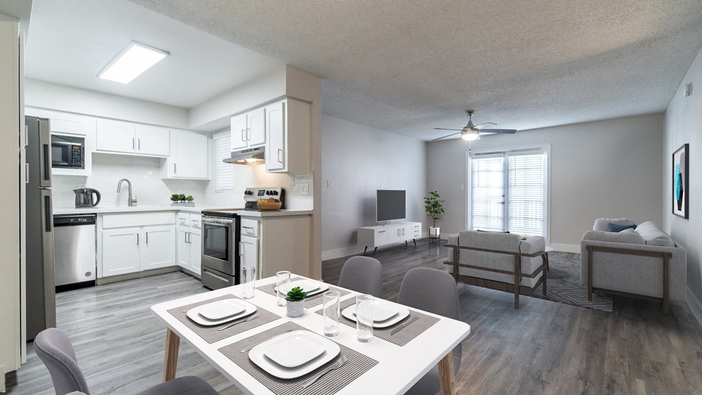 our apartments offer a living room with a dining area and kitchen
