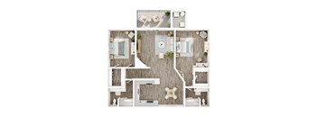 A top-down view of a small apartment layout with a kitchen, living room, and bathroom.