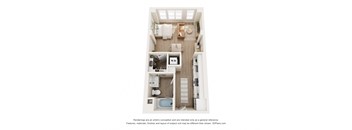 A 3D floor plan of a small apartment with a kitchen, living room, and bathroom.