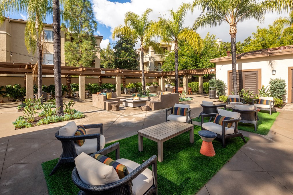 Courtyard patio with tables and chairs and palm trees
