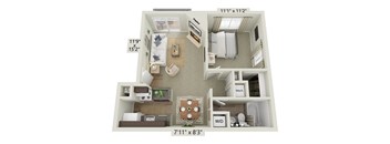 this is a 3d floor plan of a 731 square foot 1 bedroom apartment at the