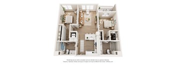 A 3D floor plan of a small apartment with a kitchen, living room, and bedrooms.