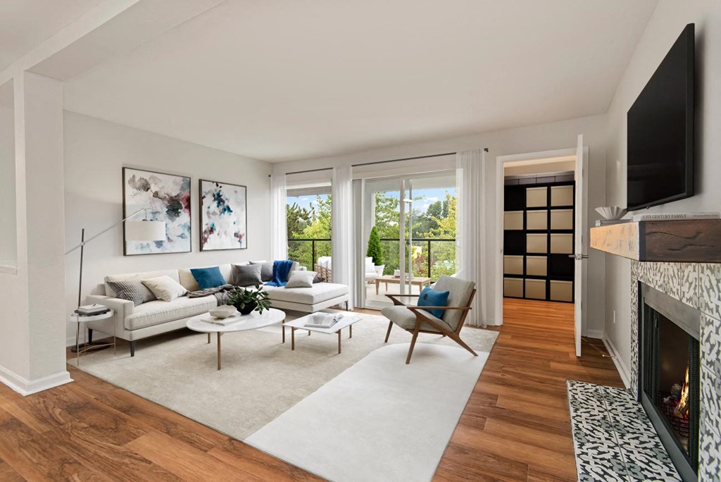a living room with a couch and a tv and a fireplace