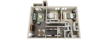 A 3D floor plan of a small apartment with a kitchen, living room, and bedroom.