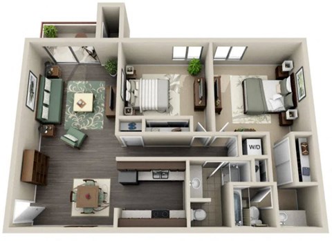 A 3D floor plan of a small apartment with a kitchen, living room, and bedroom.