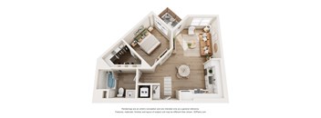 A 3D floor plan of a house with a living room, kitchen, and bathroom.