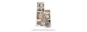 A 3D floor plan of a house with a kitchen, living room, and two bedrooms.